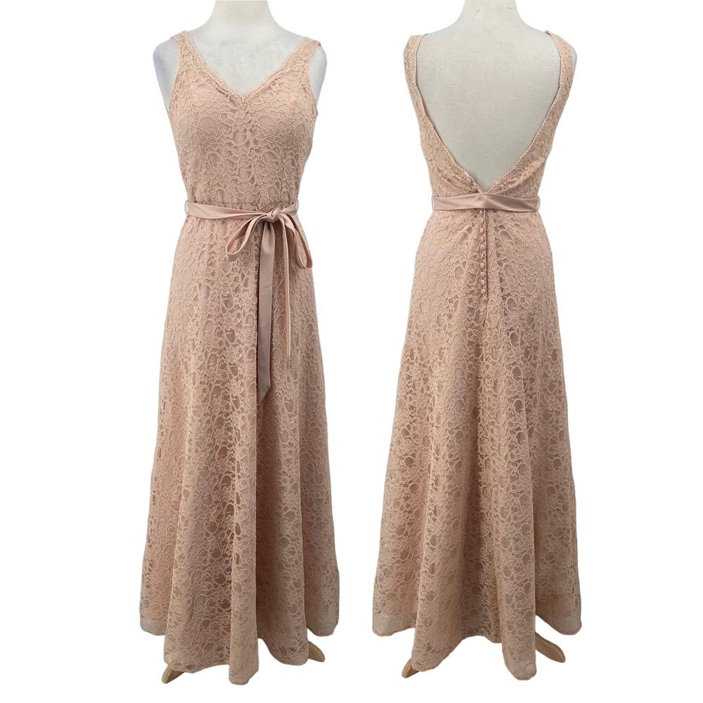 Mori Lee Lace Gown Tie Waist Belted Open Back Sleeveless Maxi Pink Womens 4/6 S